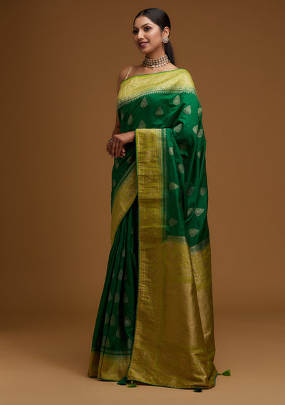 Bottle Green Zariwork Raw Silk Designer Saree - Koskii