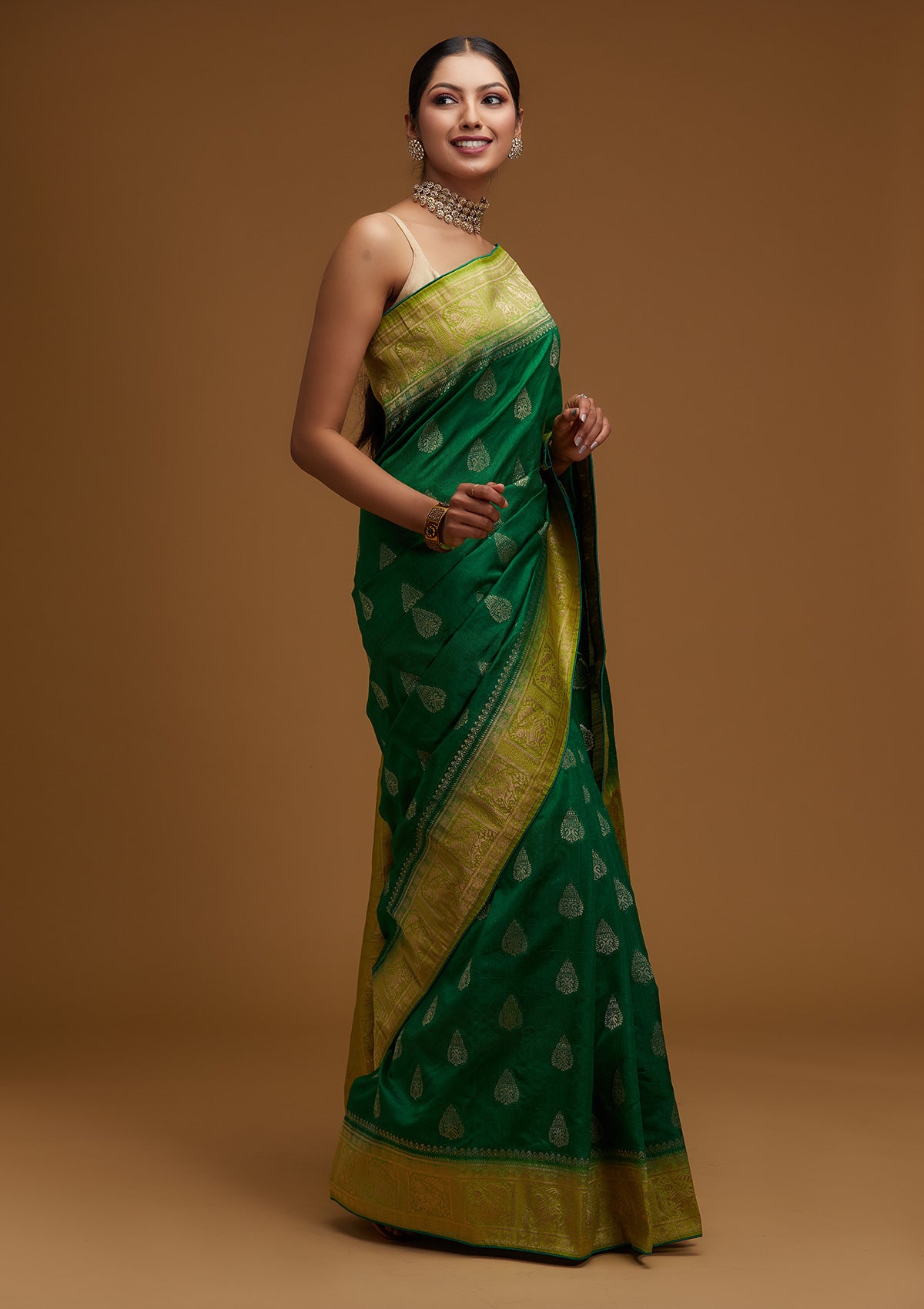 Bottle Green Zariwork Raw Silk Designer Saree - Koskii