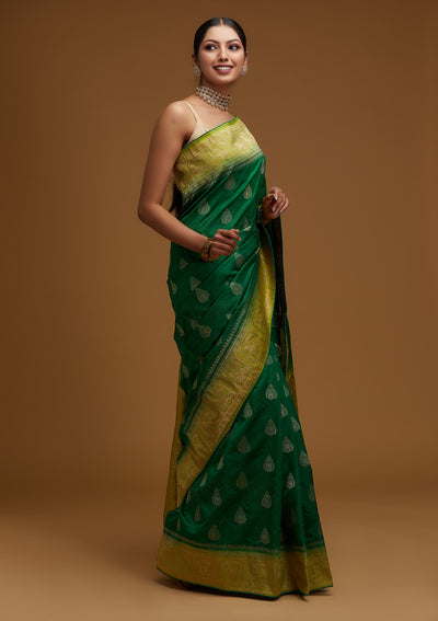 Bottle Green Zariwork Raw Silk Designer Saree - Koskii