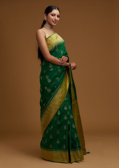 Bottle Green Zariwork Raw Silk Designer Saree - Koskii