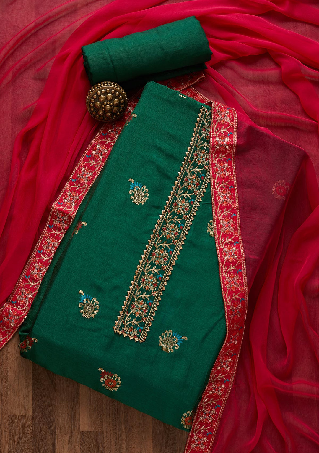 Bottle Green Zariwork Semi Crepe Semi-Stitched Salwar Suit-Koskii
