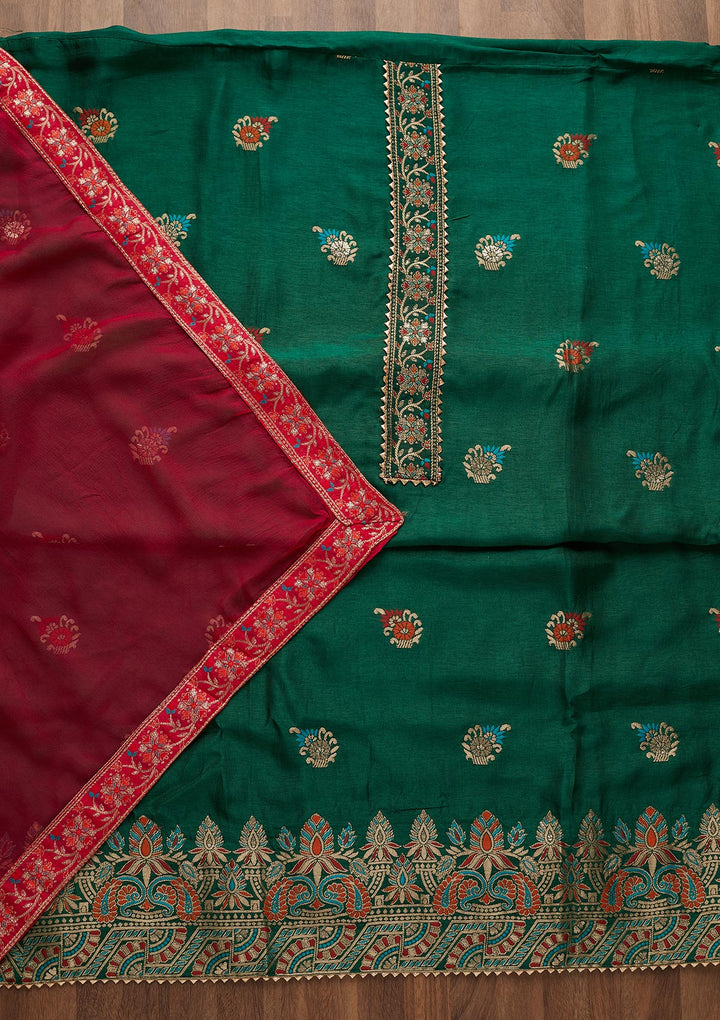 Bottle Green Zariwork Semi Crepe Semi-Stitched Salwar Suit-Koskii