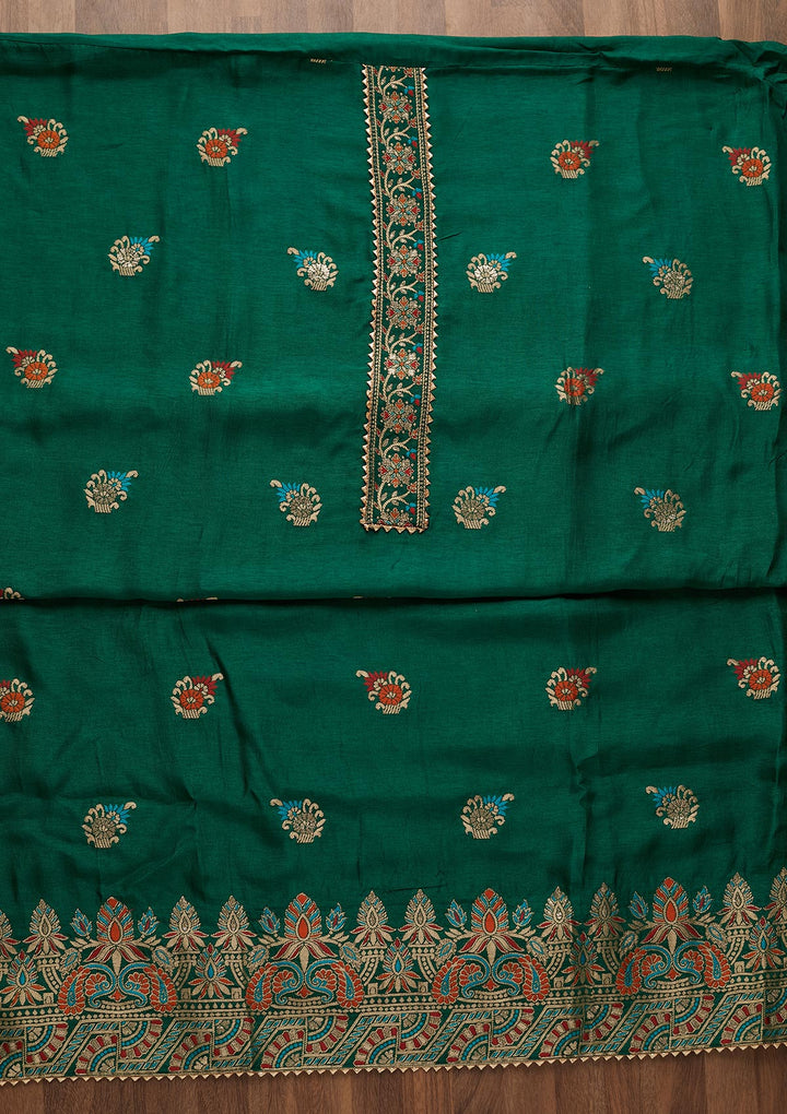 Bottle Green Zariwork Semi Crepe Semi-Stitched Salwar Suit-Koskii
