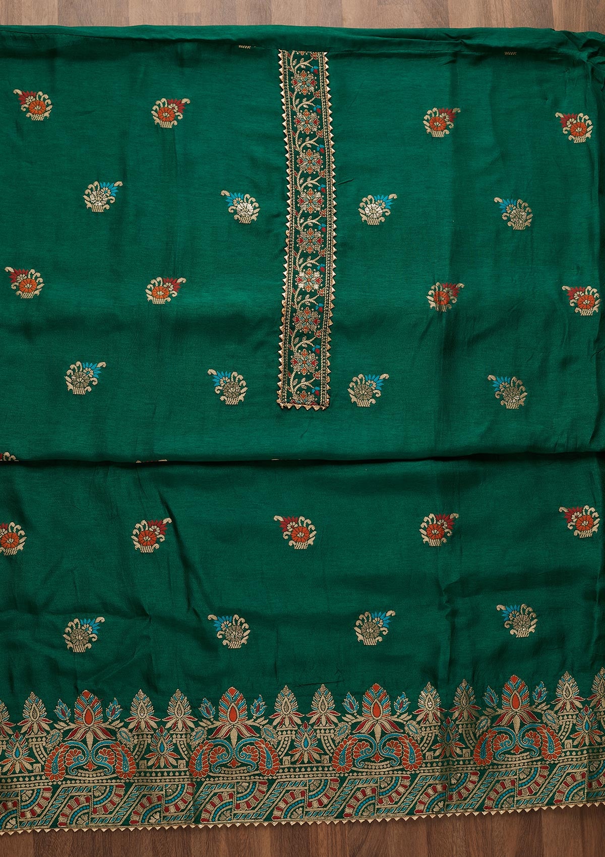 Bottle Green Zariwork Semi Crepe Semi-Stitched Salwar Suit-Koskii