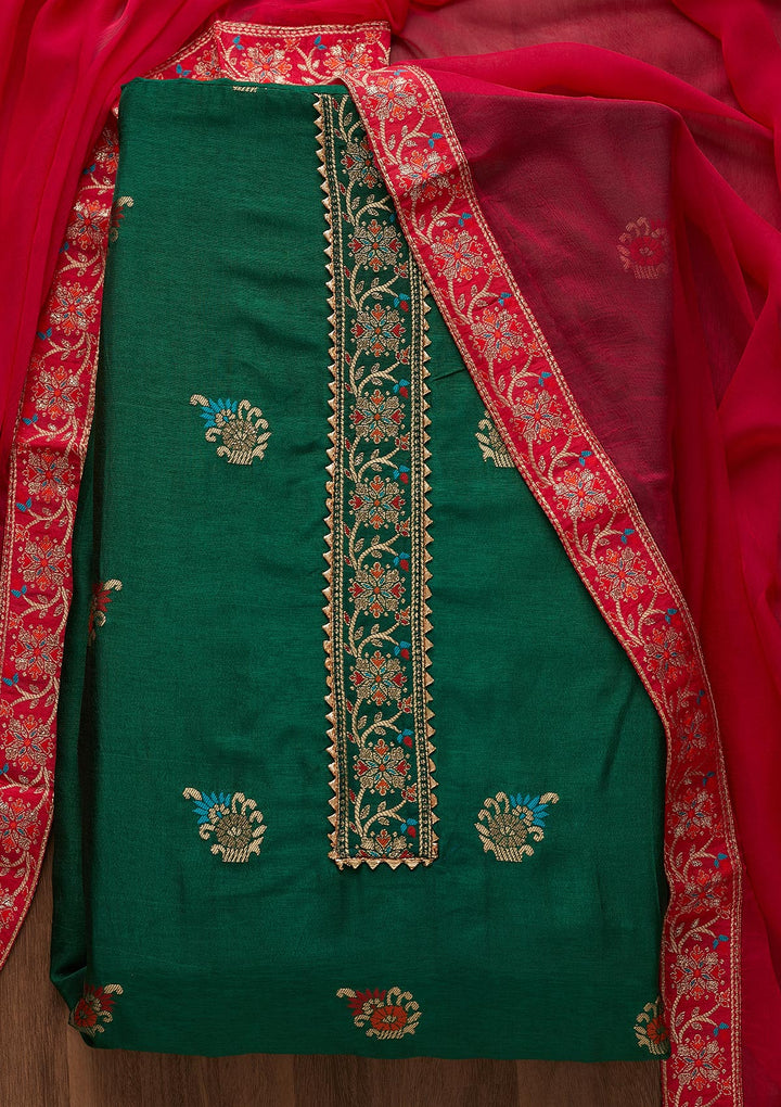 Bottle Green Zariwork Semi Crepe Semi-Stitched Salwar Suit-Koskii