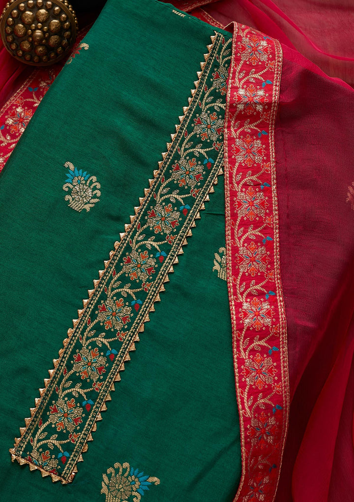 Bottle Green Zariwork Semi Crepe Semi-Stitched Salwar Suit-Koskii