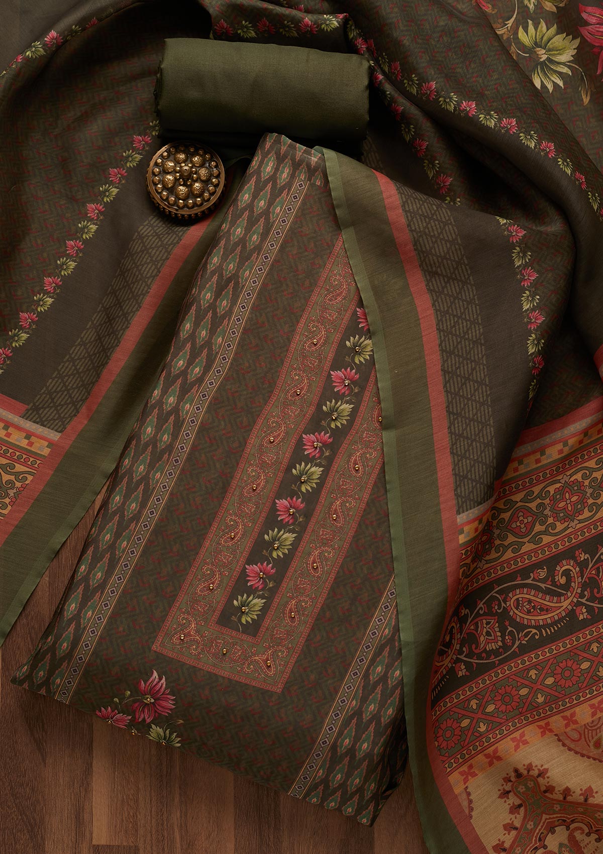 Bottle Green Zariwork Semi Crepe Semi-Stitched Salwar Suit-Koskii