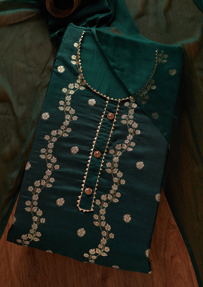 Bottle Green Zariwork Semi Crepe Designer Unstitched Salwar Suit - koskii