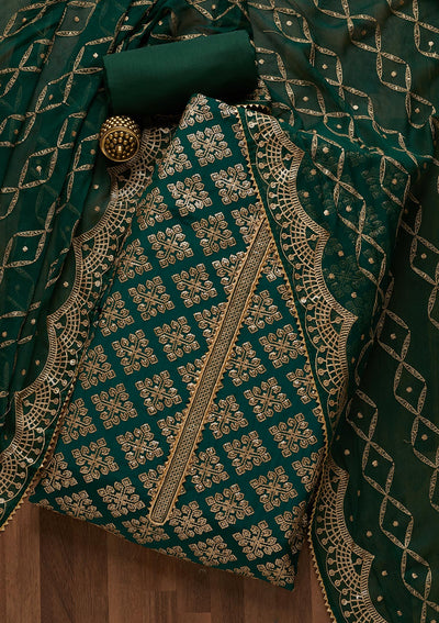 Bottle Green Zariwork Semi Crepe Unstitched Salwar Suit - Koskii
