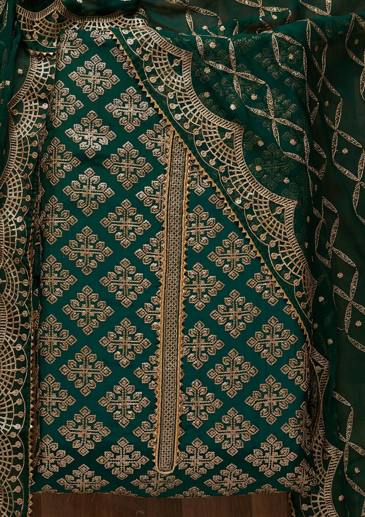 Bottle Green Zariwork Semi Crepe Unstitched Salwar Suit-Koskii