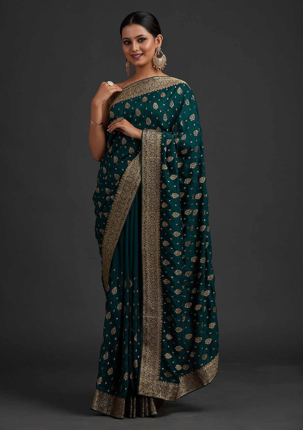 Bottle Green Zariwork Semi Crepe Designer Saree - koskii