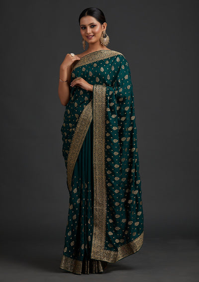 Bottle Green Zariwork Semi Crepe Designer Saree - koskii