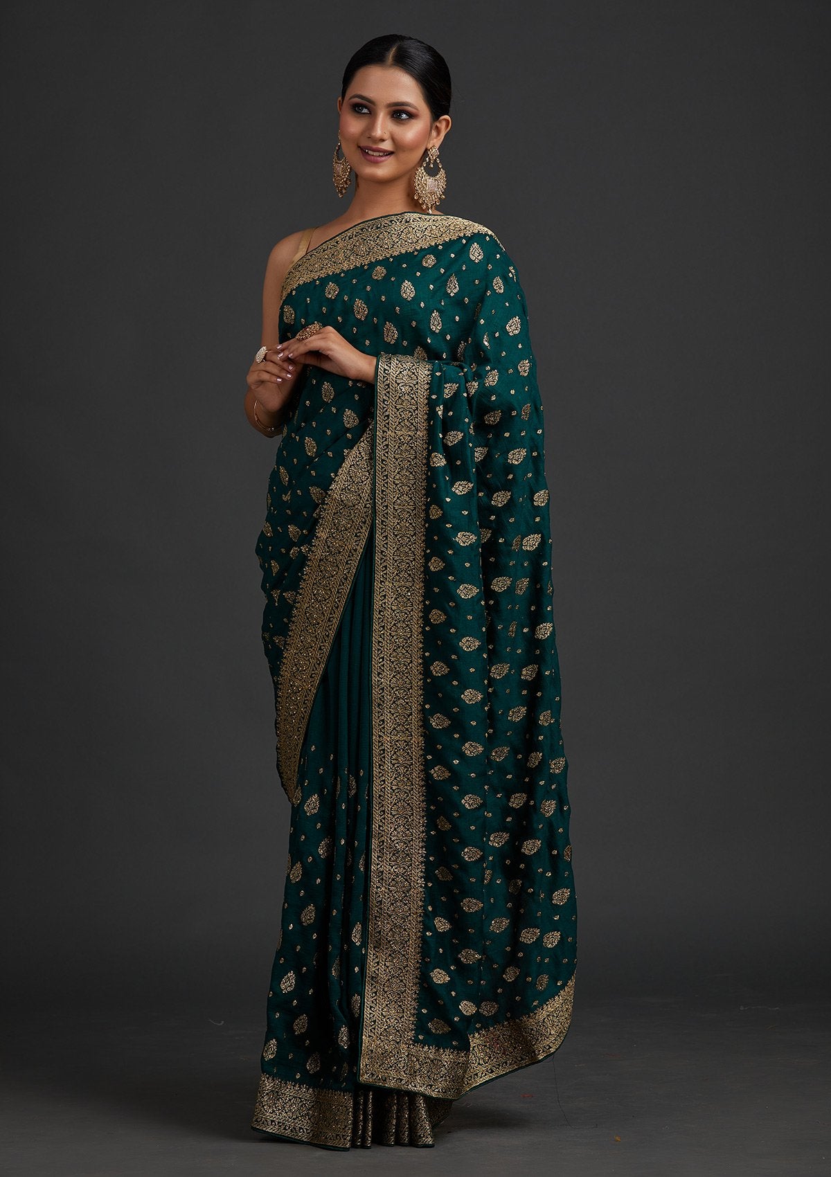 Bottle Green Zariwork Semi Crepe Designer Saree - koskii