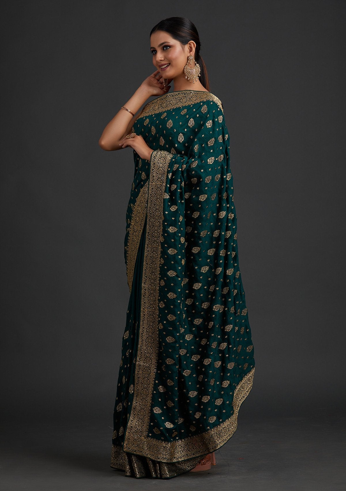 Bottle Green Zariwork Semi Crepe Designer Saree - koskii
