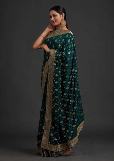 Bottle Green Zariwork Semi Crepe Designer Saree - koskii