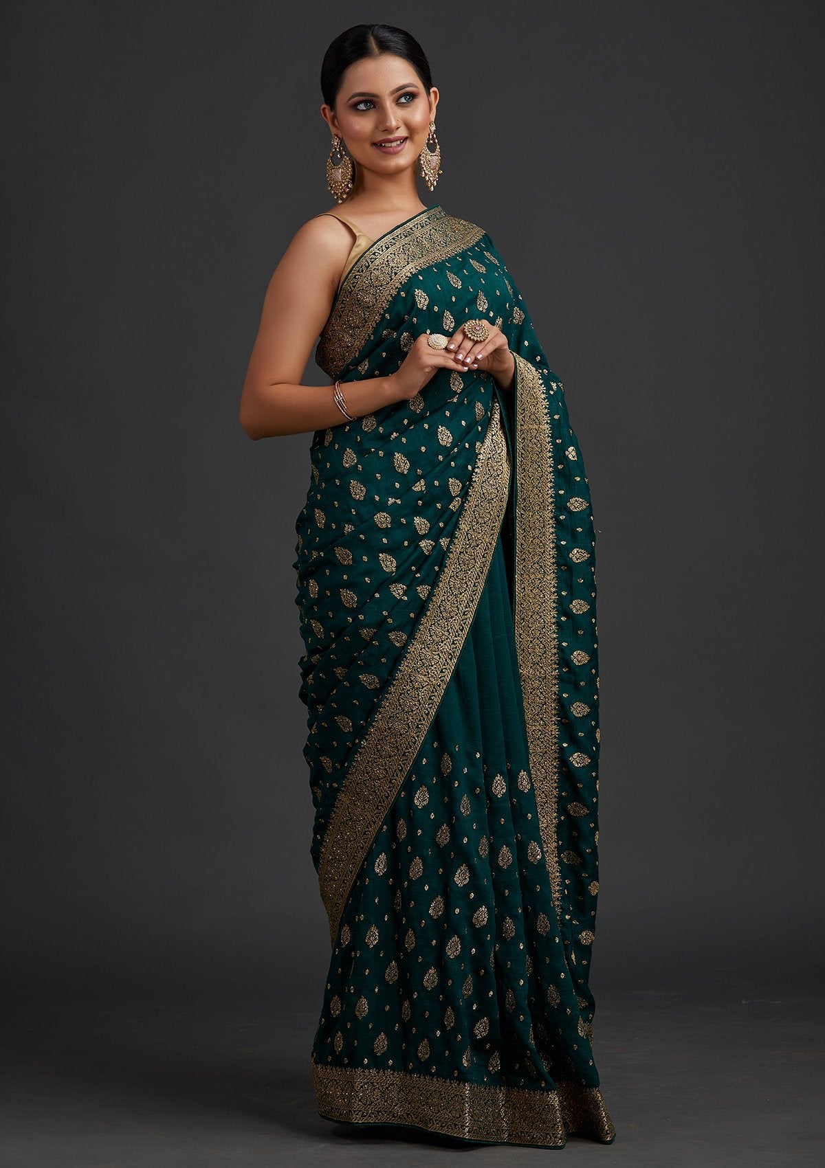 Bottle Green Zariwork Semi Crepe Designer Saree - koskii