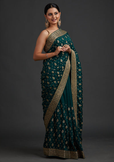 Bottle Green Zariwork Semi Crepe Designer Saree - koskii