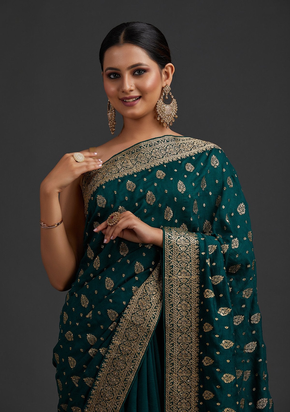 Bottle Green Zariwork Semi Crepe Designer Saree - koskii