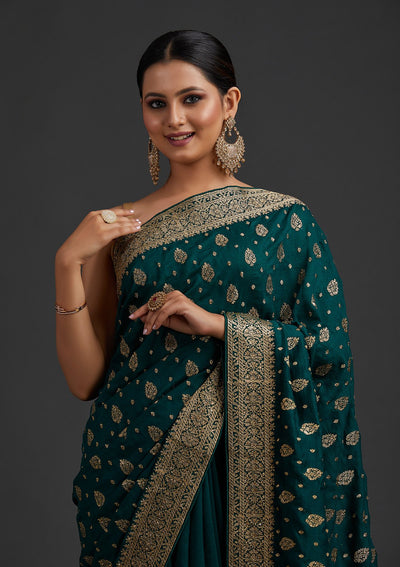 Bottle Green Zariwork Semi Crepe Designer Saree - koskii