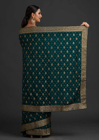 Bottle Green Zariwork Semi Crepe Designer Saree - koskii