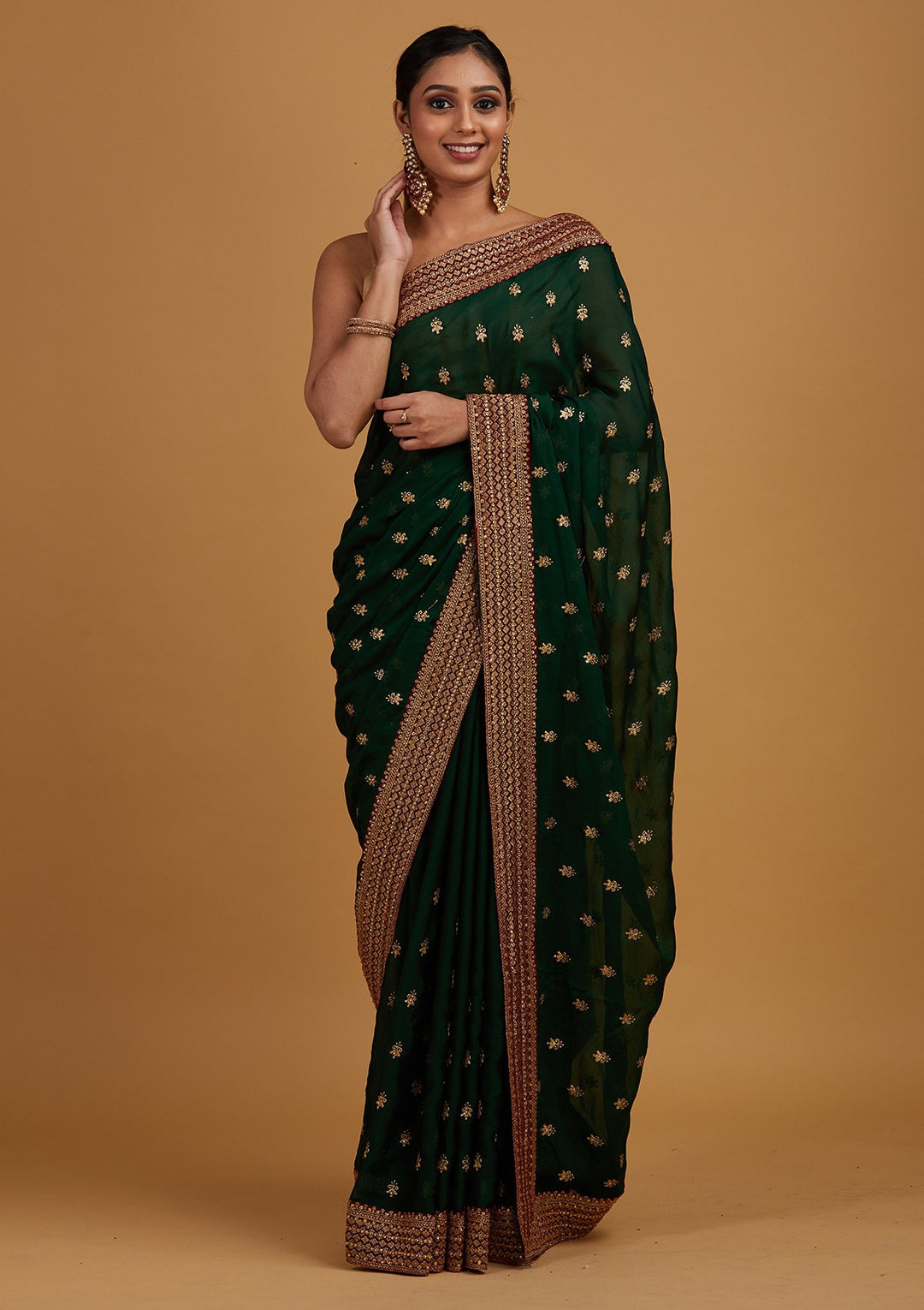 Bottle Green Zariwork Semi Crepe Designer Saree - Koskii