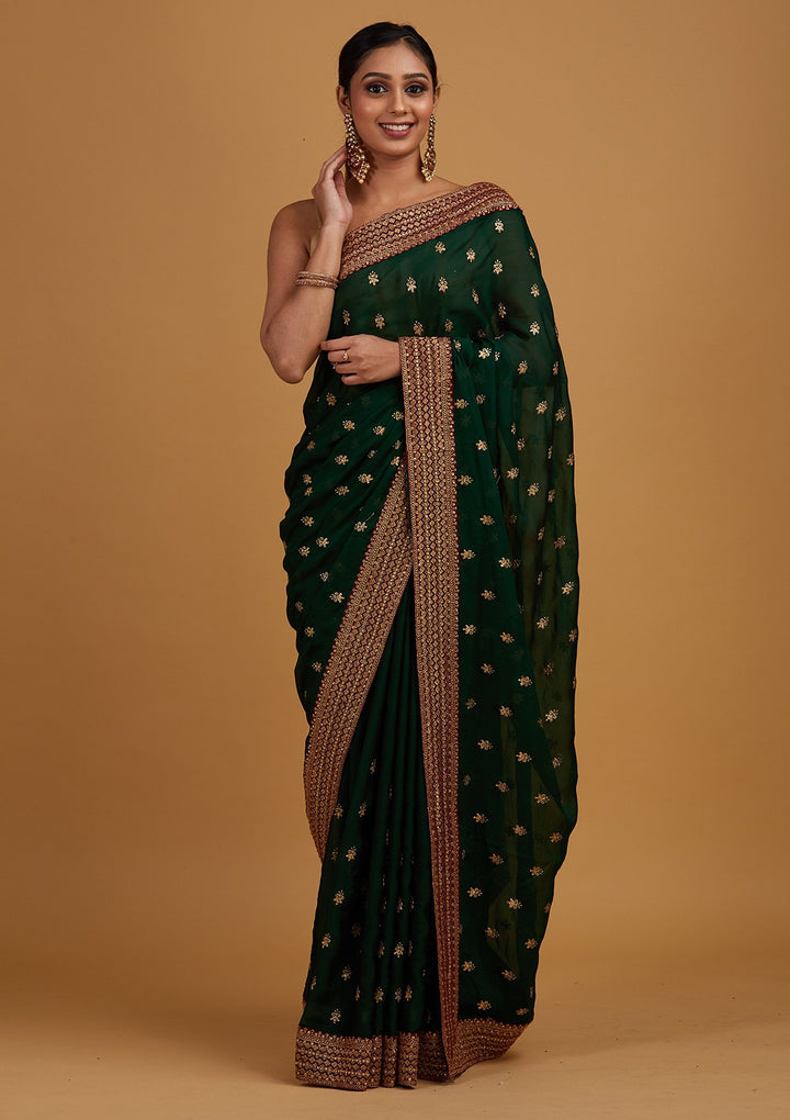 Bottle Green Zariwork Semi Crepe Designer Saree - Koskii
