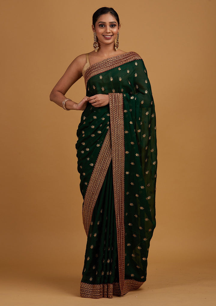 Bottle Green Zariwork Semi Crepe Designer Saree - Koskii