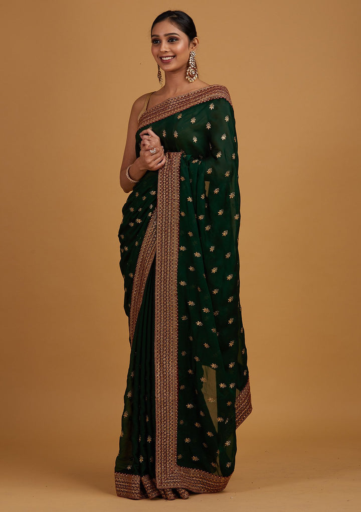 Bottle Green Zariwork Semi Crepe Designer Saree - Koskii