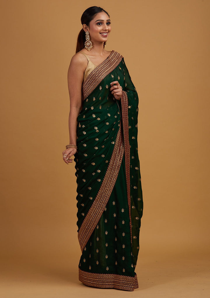 Bottle Green Zariwork Semi Crepe Designer Saree - Koskii