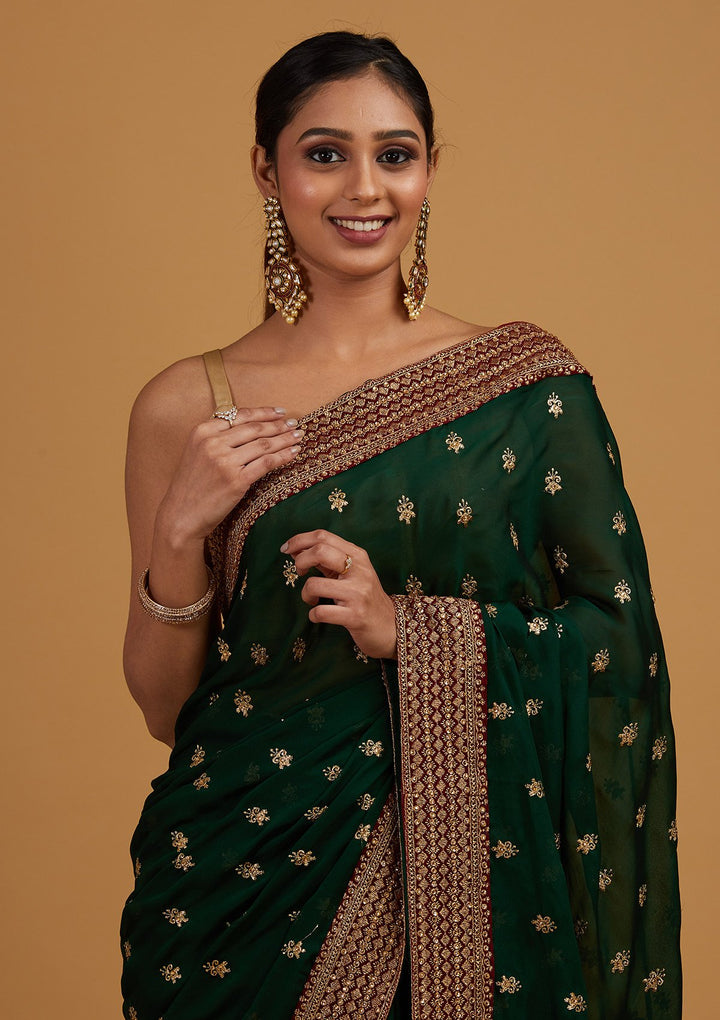 Bottle Green Zariwork Semi Crepe Designer Saree - Koskii