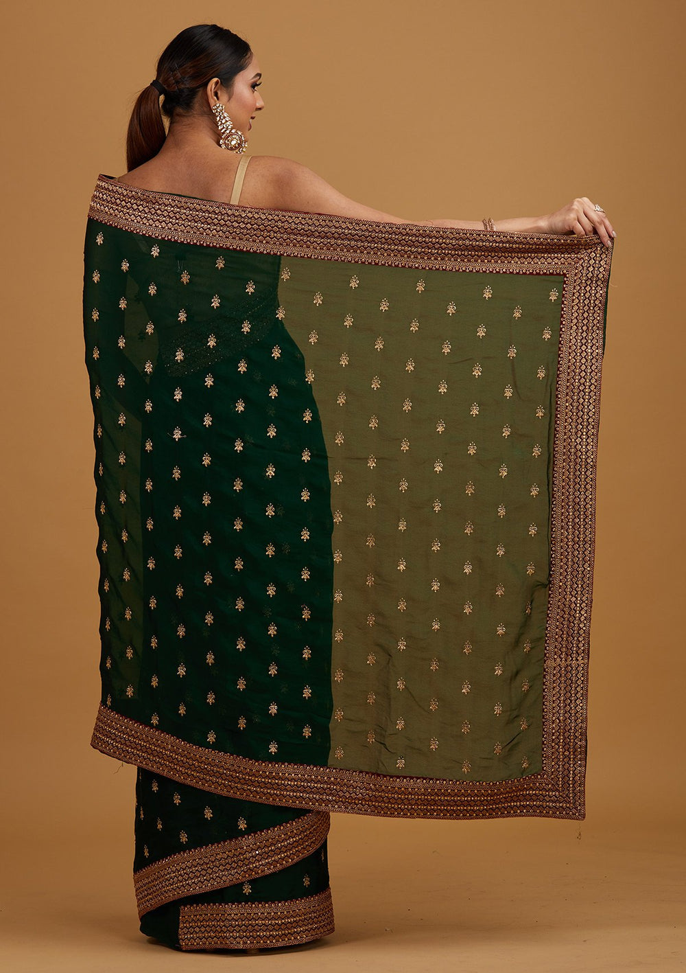 Bottle Green Zariwork Semi Crepe Designer Saree - Koskii
