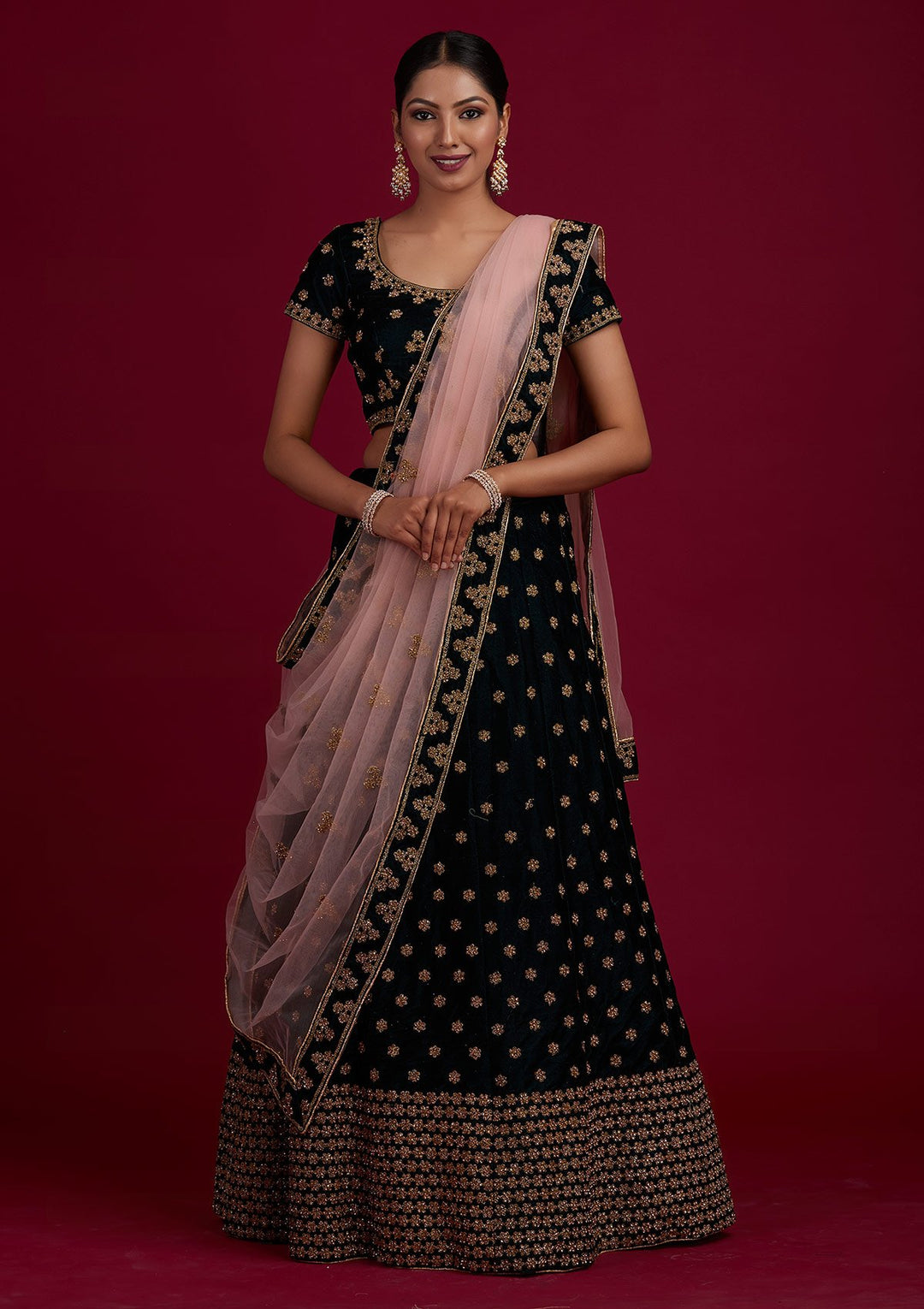 Bottle Green Zariwork Velvet Designer Semi-Stitched Lehenga - Koskii