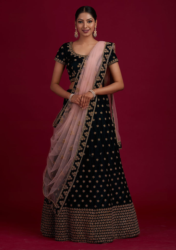 Bottle Green Zariwork Velvet Designer Semi-Stitched Lehenga - Koskii