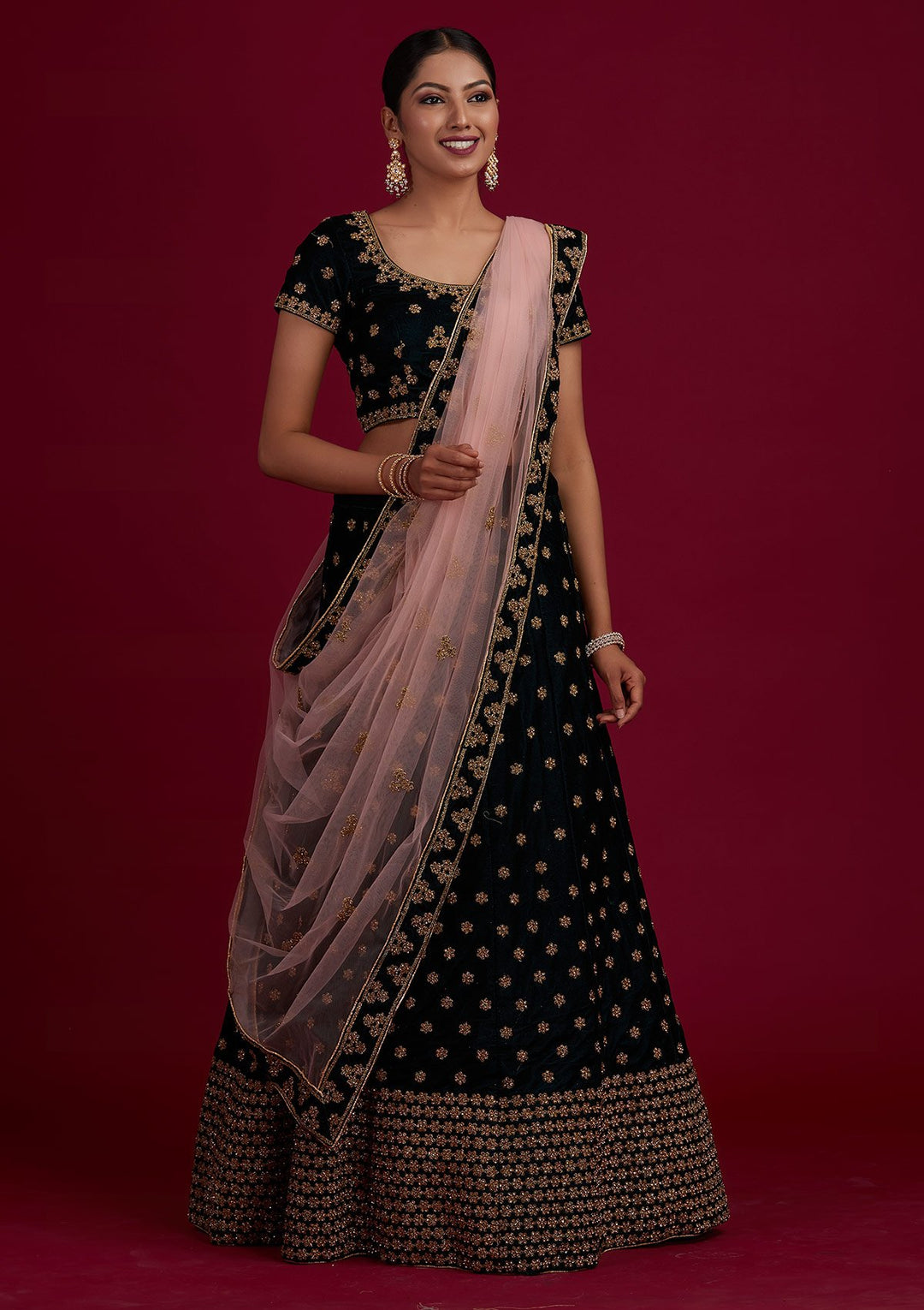 Bottle Green Zariwork Velvet Designer Semi-Stitched Lehenga - Koskii