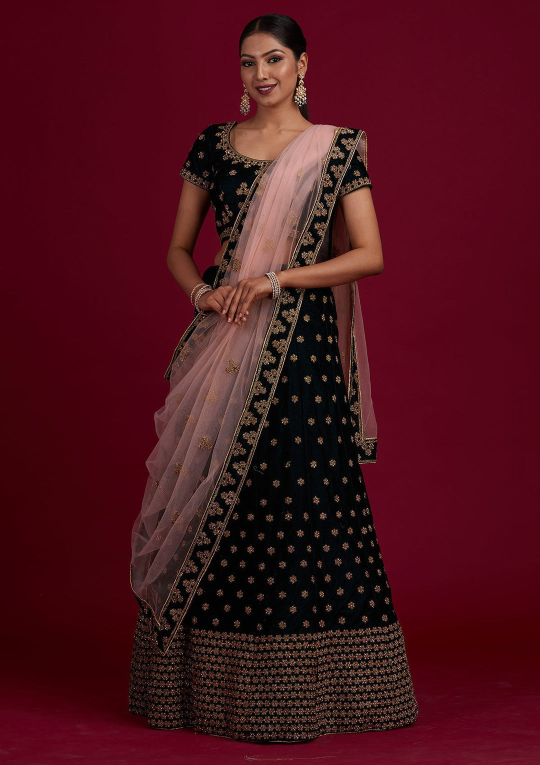 Bottle Green Zariwork Velvet Designer Semi-Stitched Lehenga - Koskii
