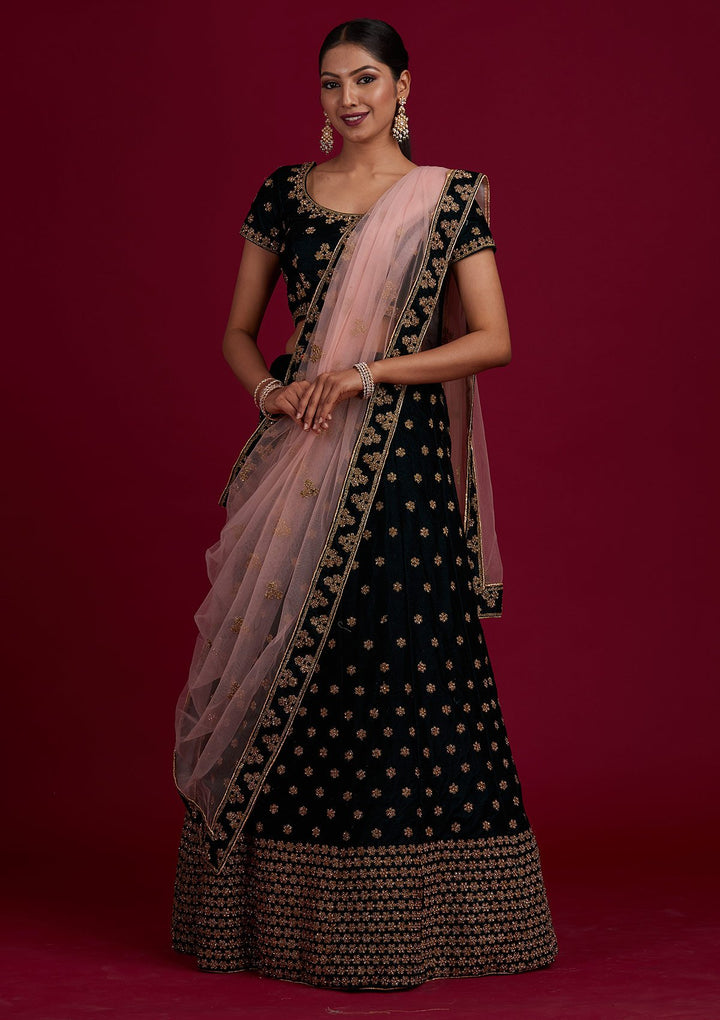 Bottle Green Zariwork Velvet Designer Semi-Stitched Lehenga - Koskii