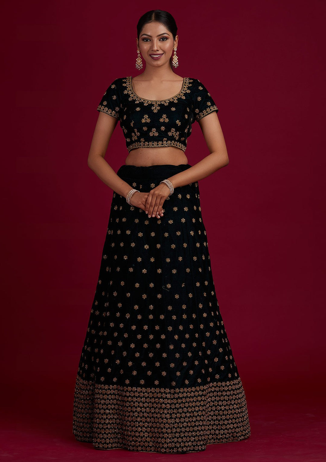 Bottle Green Zariwork Velvet Designer Semi-Stitched Lehenga - Koskii