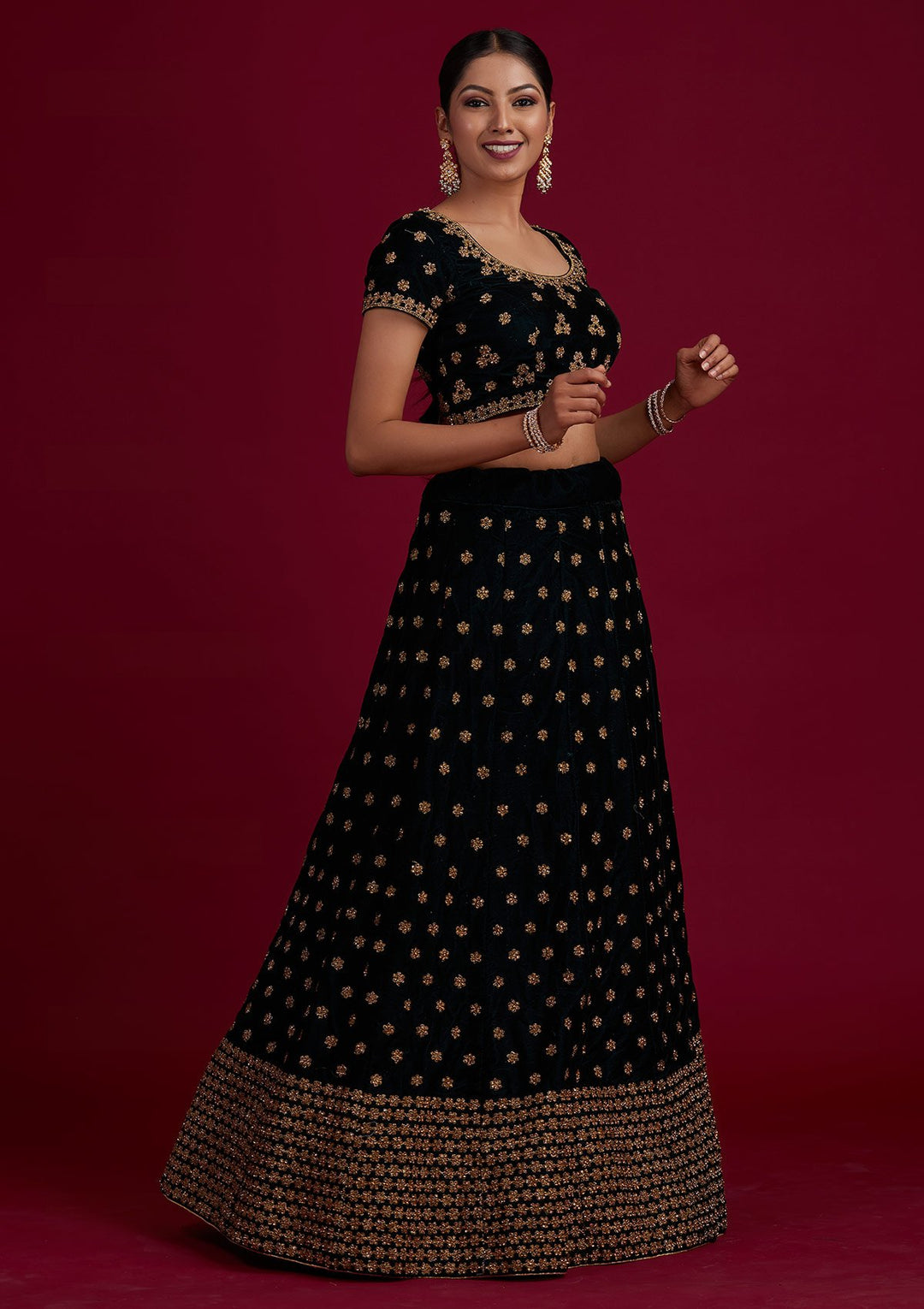 Bottle Green Zariwork Velvet Designer Semi-Stitched Lehenga - Koskii