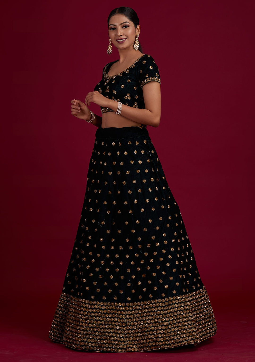 Bottle Green Zariwork Velvet Designer Semi-Stitched Lehenga - Koskii