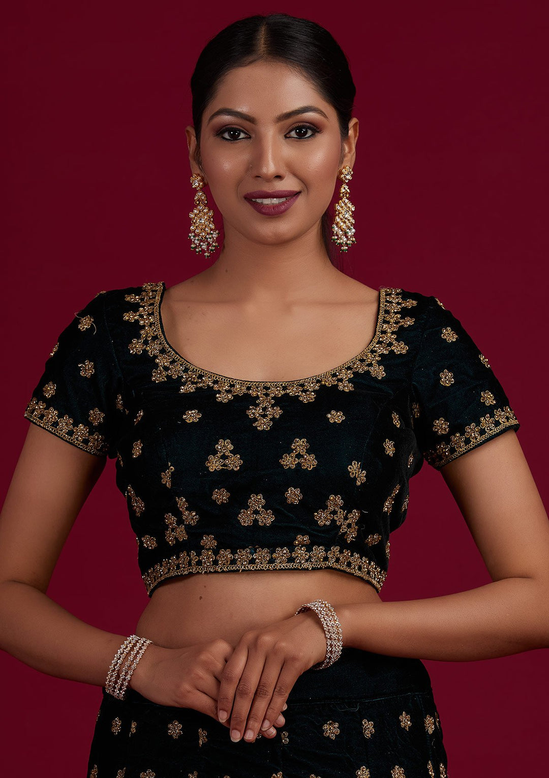Bottle Green Zariwork Velvet Designer Semi-Stitched Lehenga - Koskii