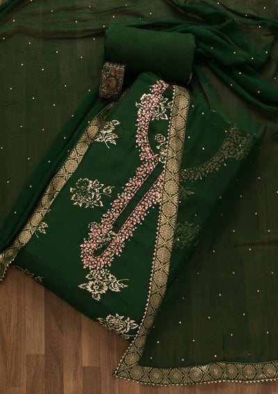 Bottle Green Gotapatti Organza Unstitched Salwar Suit-Koskii