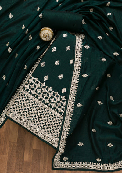 Bottle Green Silver Zariwork Georgette Unstitched Salwar Suit-Koskii