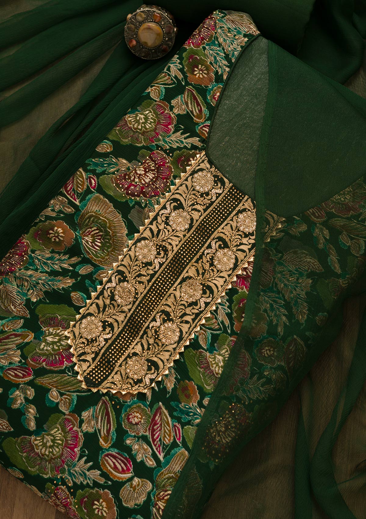 Bottle Green Swarovski Semi Crepe Unstitched Salwar Suit-Koskii
