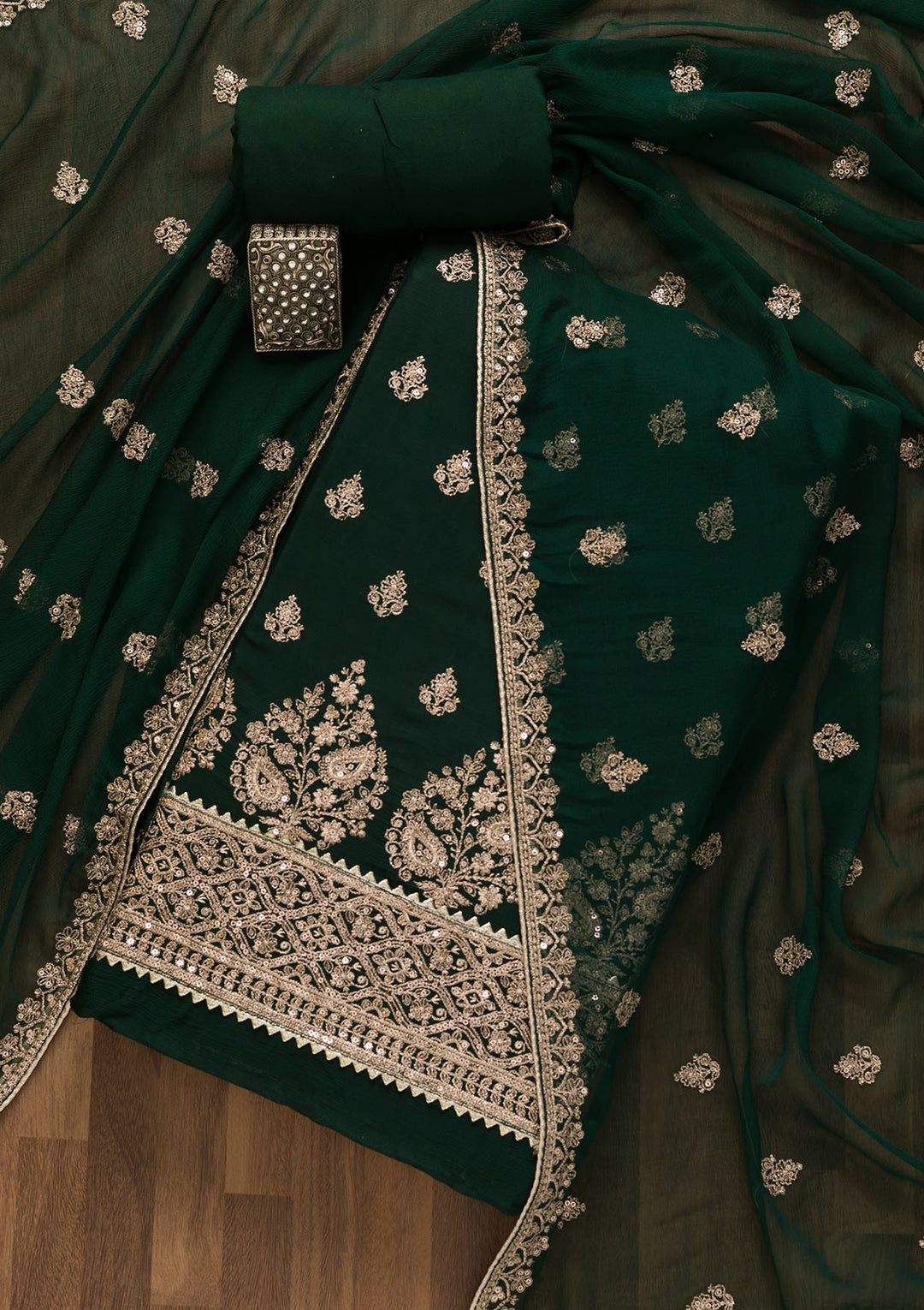 Bottle Green Zariwork Chiffon Unstitched Salwar Suit-Koskii