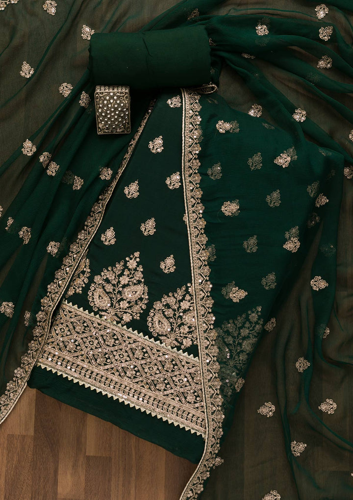 Bottle Green Zariwork Chiffon Unstitched Salwar Suit-Koskii