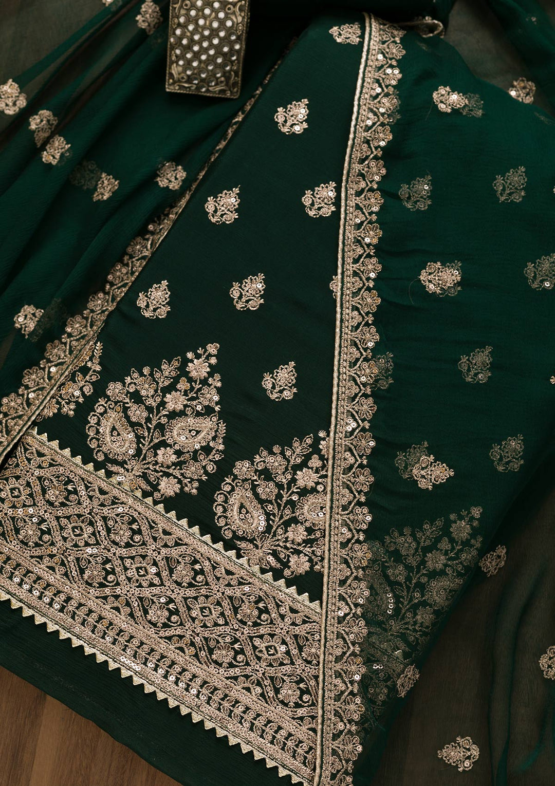 Bottle Green Zariwork Chiffon Unstitched Salwar Suit-Koskii