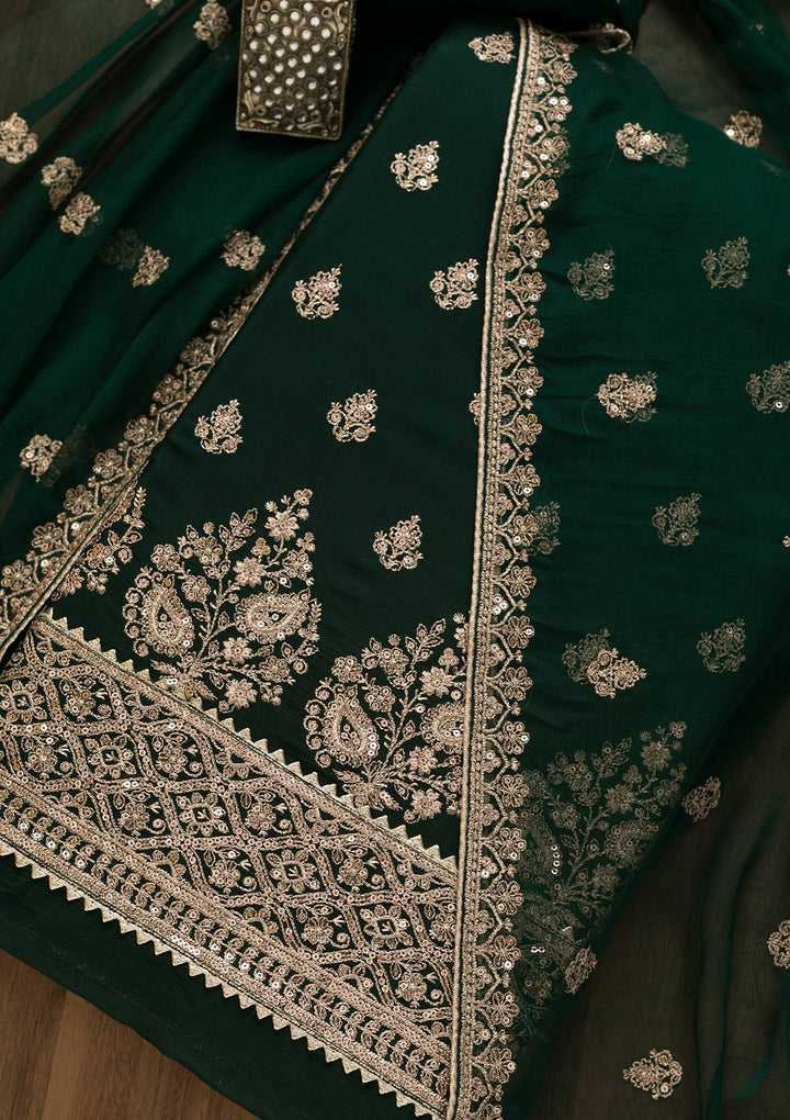 Bottle Green Zariwork Chiffon Unstitched Salwar Suit-Koskii