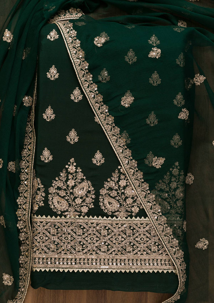 Bottle Green Zariwork Chiffon Unstitched Salwar Suit-Koskii