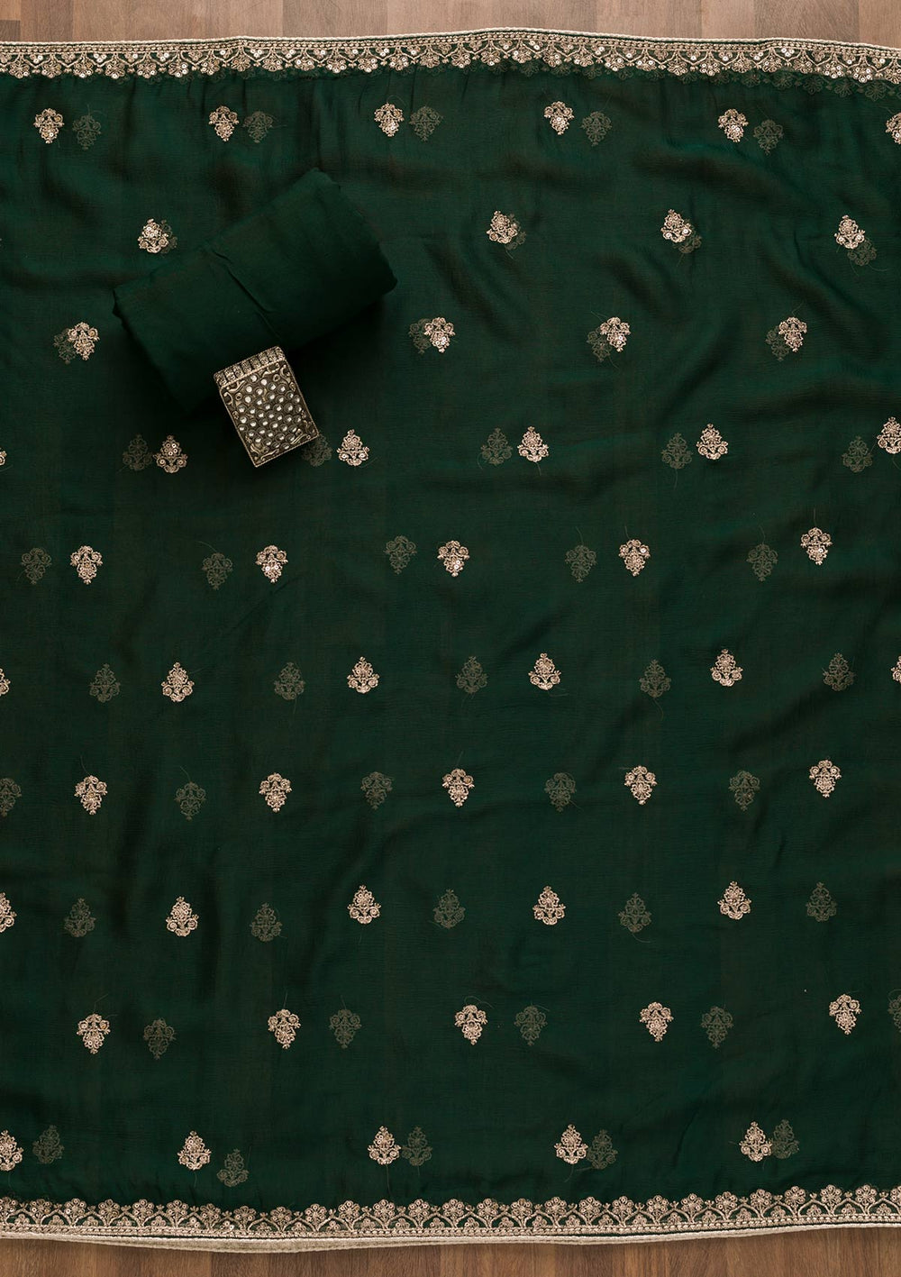 Bottle Green Zariwork Chiffon Unstitched Salwar Suit-Koskii