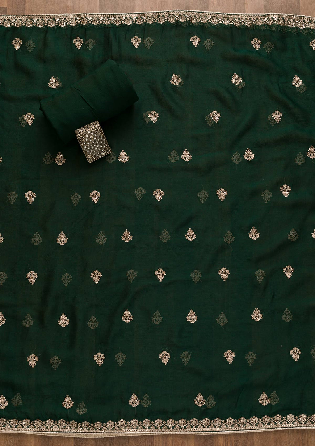 Bottle Green Zariwork Chiffon Unstitched Salwar Suit-Koskii